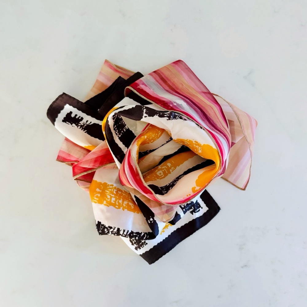 BUNDLE (2) Retro Print Scarves: Sheer Pink Stripe & Art Stripe (Mustard & Black)